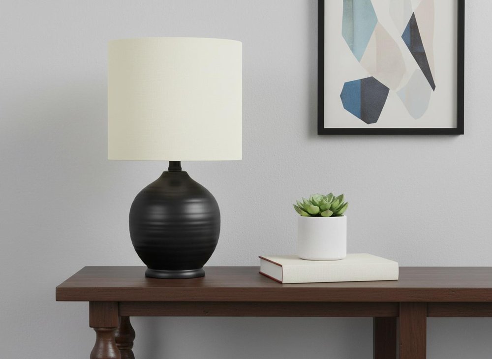 17" Black Ceramic Round Table Lamp With Ivory Drum Shade HomeRoots