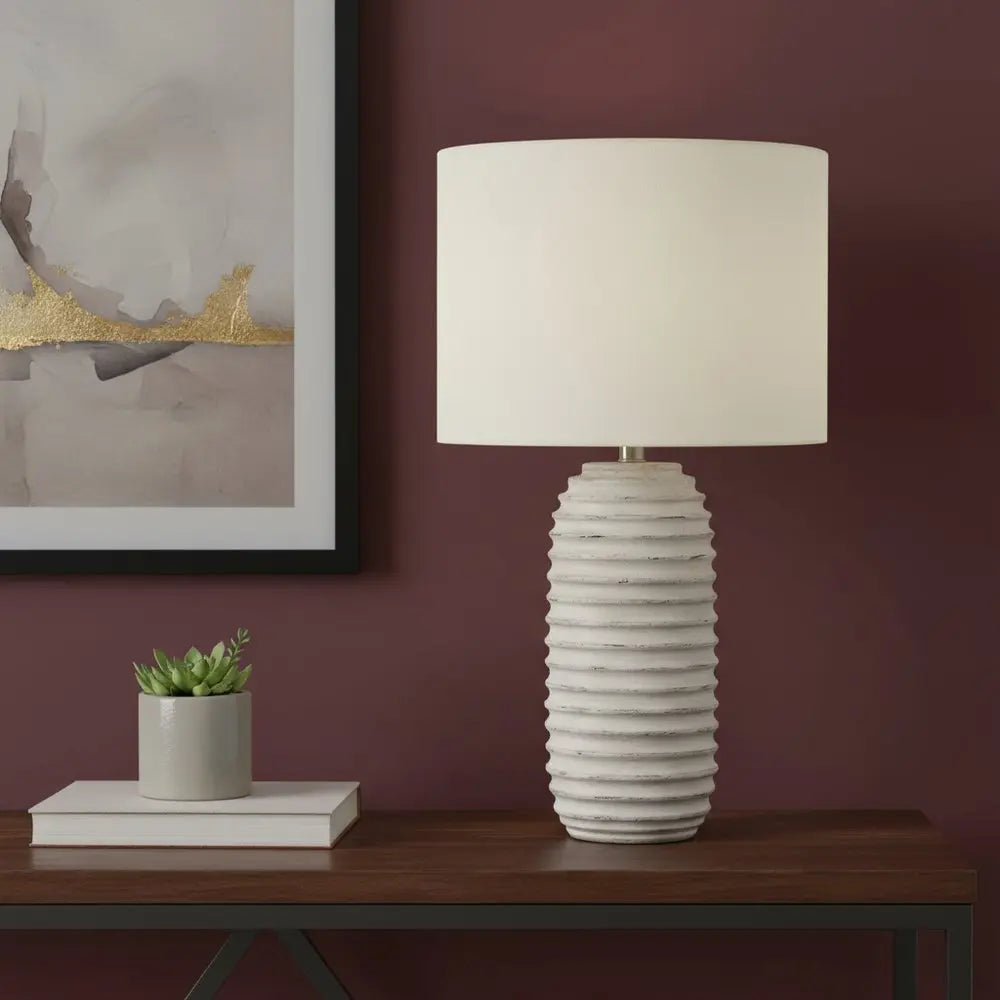 28" Cream Geometric Table Lamp With Cream Drum Shade HomeRoots