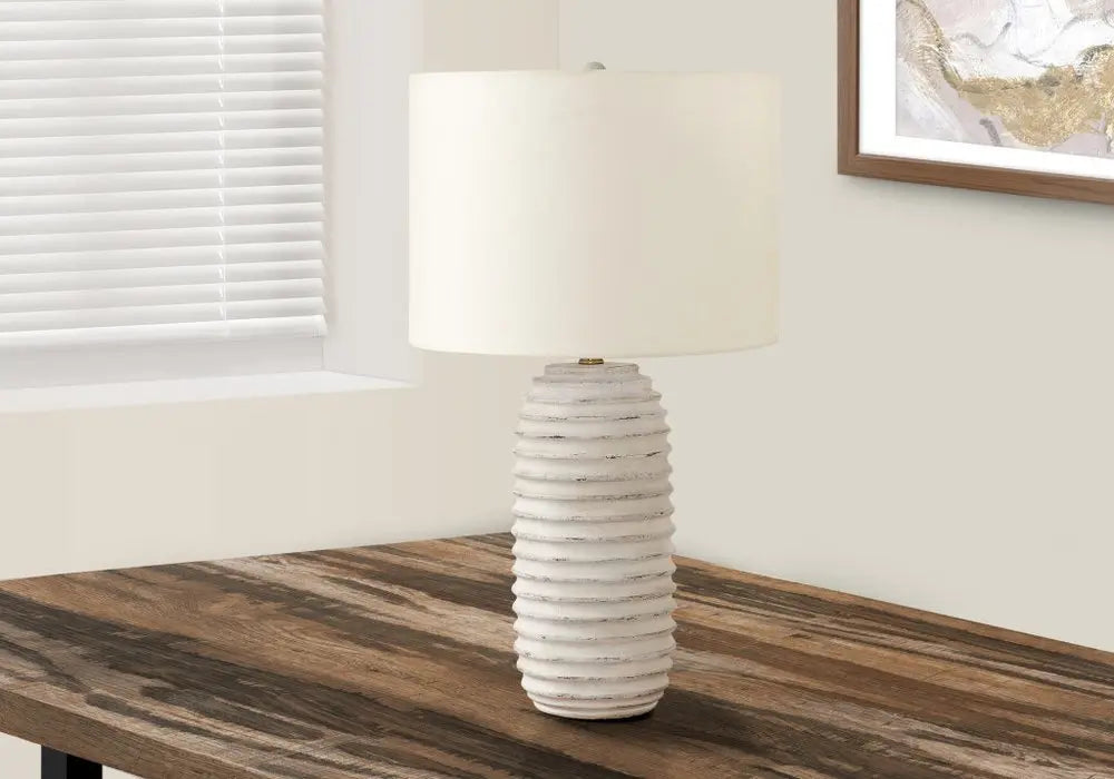 28" Cream Geometric Table Lamp With Cream Drum Shade HomeRoots