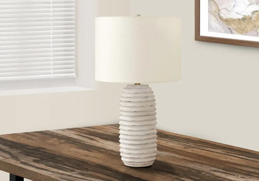 28" Cream Geometric Table Lamp With Cream Drum Shade HomeRoots