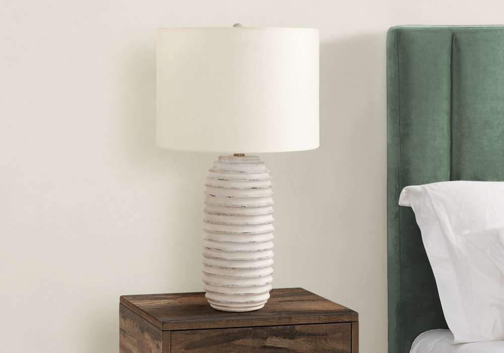 28" Cream Geometric Table Lamp With Cream Drum Shade HomeRoots