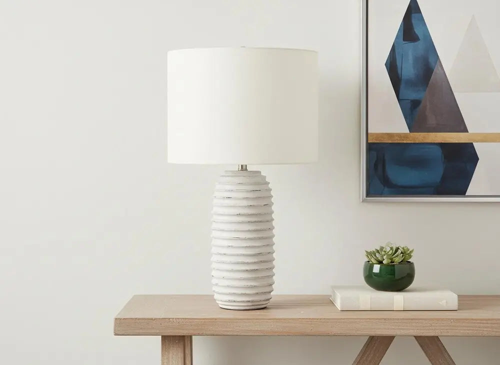 28" Cream Geometric Table Lamp With Cream Drum Shade HomeRoots