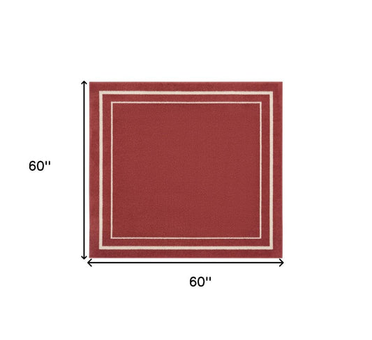 5' Red And Ivory Square Indoor Outdoor Area Rug
