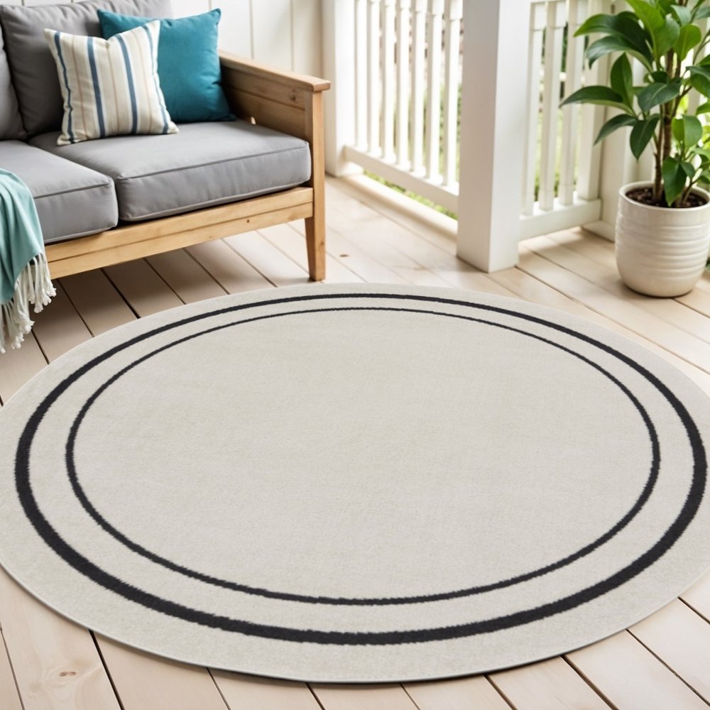 6' Ivory And Black Round Indoor Outdoor Area Rug — view 4