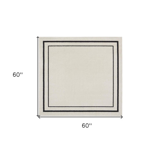 5' Ivory And Black Square Indoor Outdoor Area Rug