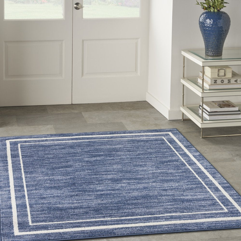 5' Navy Blue And Ivory Square Indoor Outdoor Area Rug