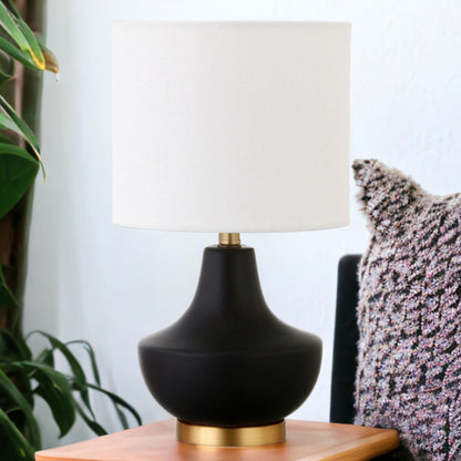 14" Black and Gold Ceramic Urn Table Lamp With White Drum Shade - FurniFindUSA