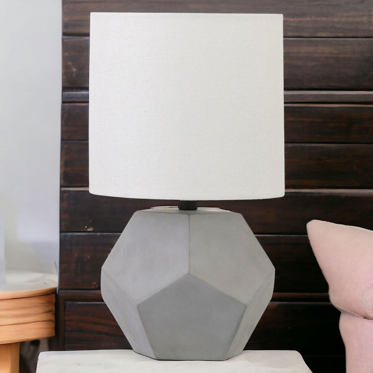 13" Gray Concrete Geometric Table Lamp With White Drum Shade - FurniFindUSA