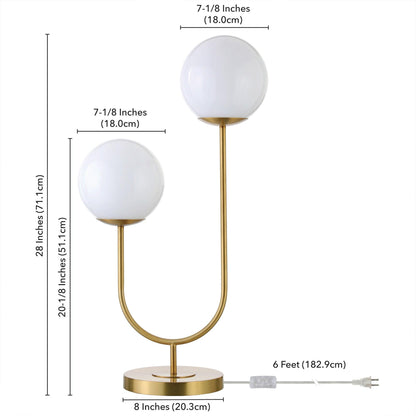 28" Gold Metal Two Light Novelty Globe Table Lamp With White Globe Shade - FurniFindUSA