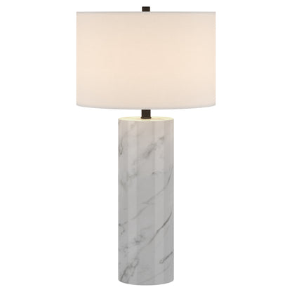 30" White Marble Cylinder Table Lamp With White Drum Shade