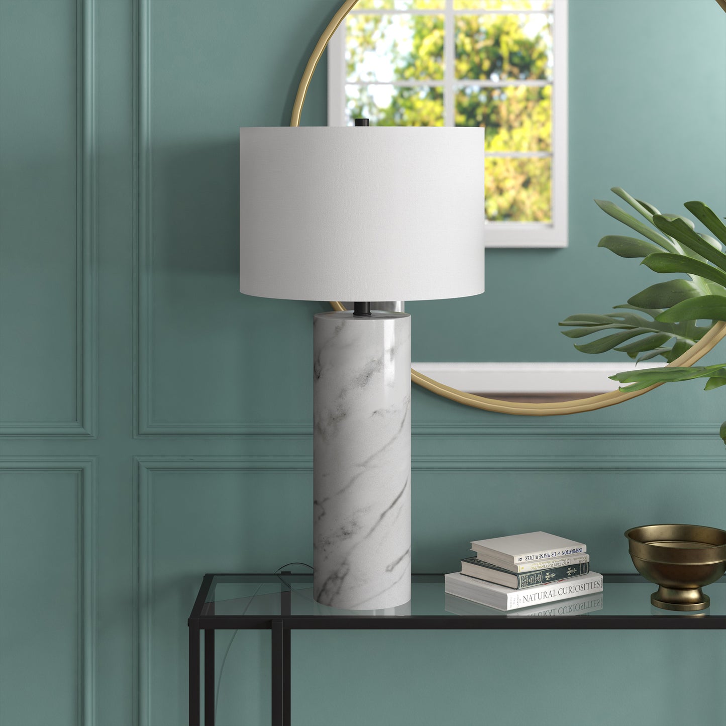 30" White Marble Cylinder Table Lamp With White Drum Shade