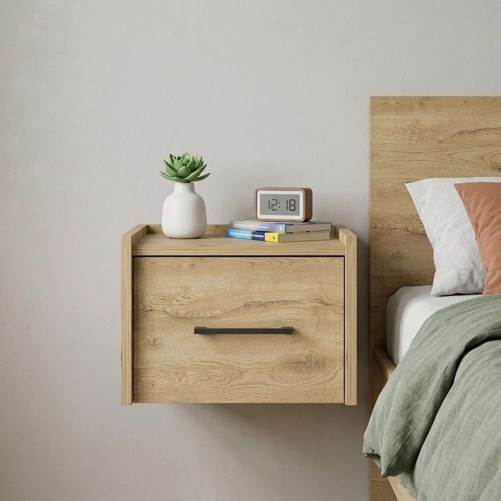 10" Beige One Drawer Faux Wood Floating Nightstand — view 6