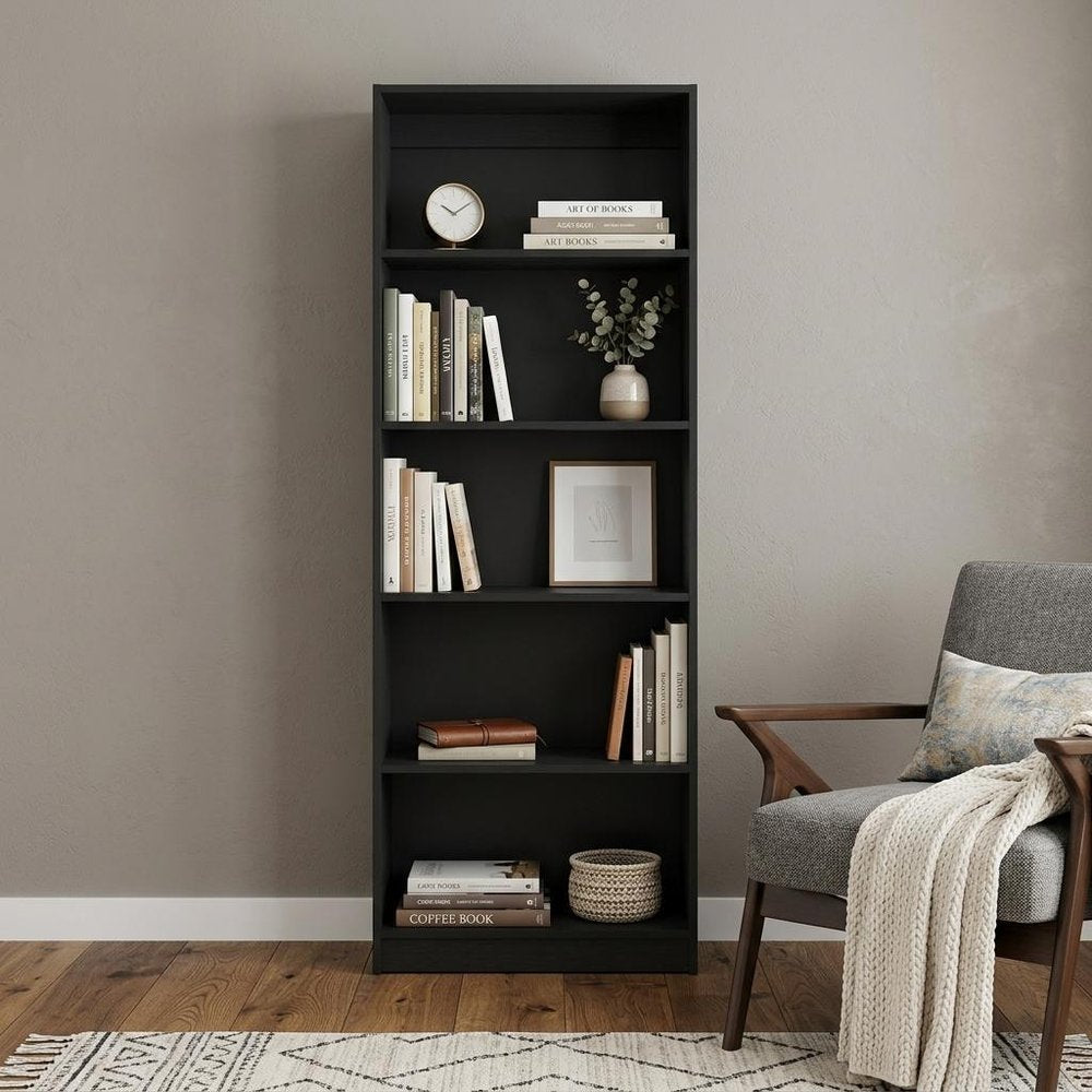 71" Black Wood Five Tier Bookcase HomeRoots