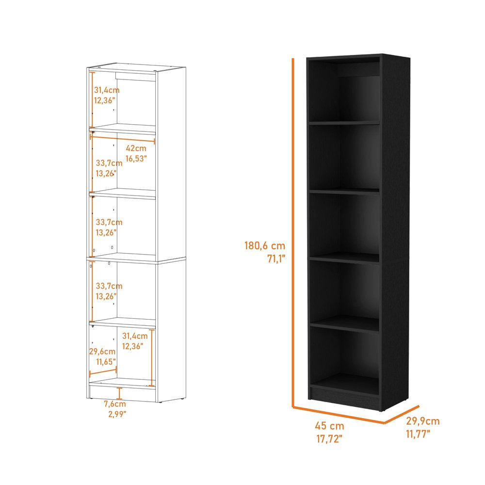 70" Black Wood Five Tier Bookcase HomeRoots