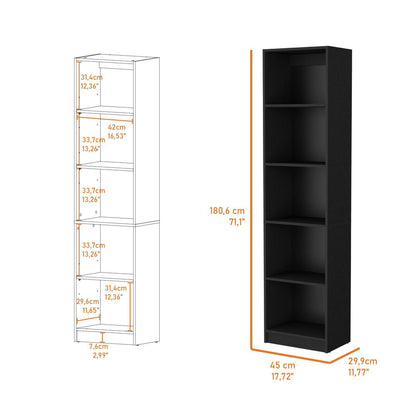 70" Black Wood Five Tier Bookcase HomeRoots