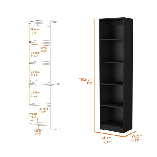 70" Black Wood Five Tier Bookcase HomeRoots