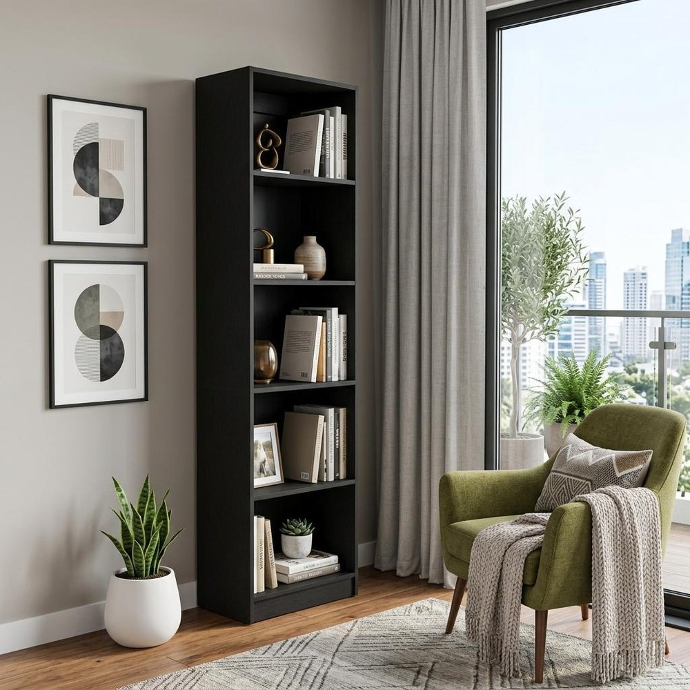 70" Black Wood Five Tier Bookcase HomeRoots