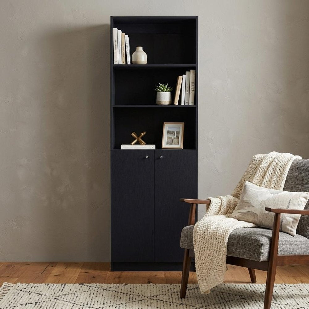 71" Black Five Tier Bookcase with Two doors HomeRoots