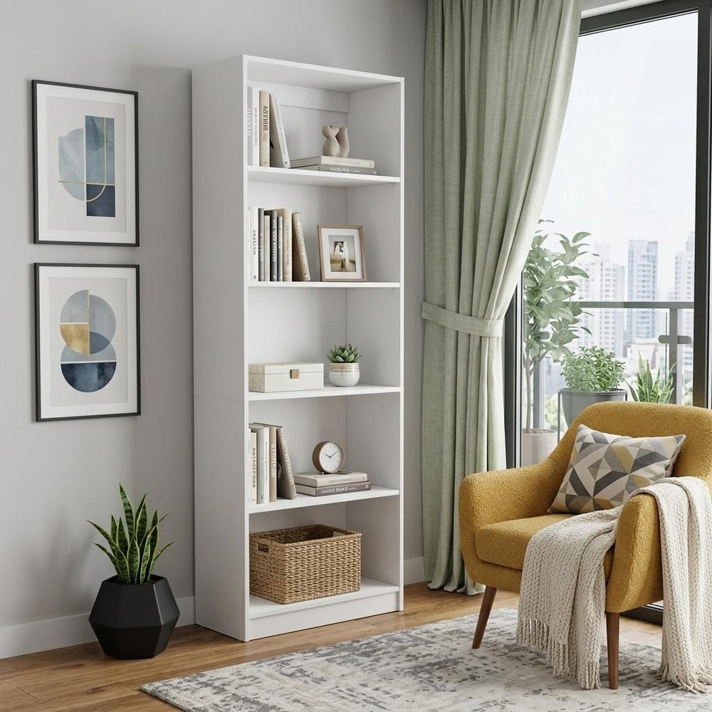 71" White Wood Five Tier Bookcase — view 6