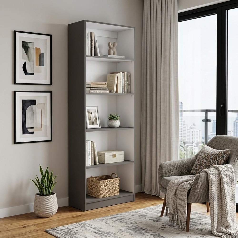 71" Gray And White Wood Five Tier Bookcase — view 1