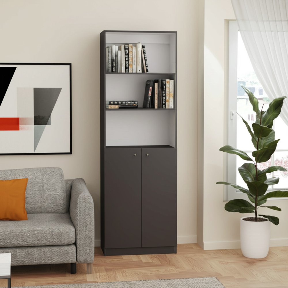 71" Gray And White Wood Three Tier Bookcase with Two Doors — view 6
