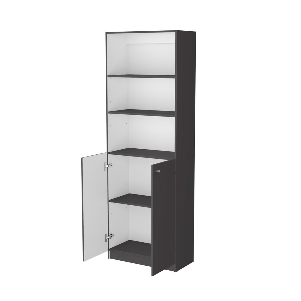 71" Gray And White Wood Three Tier Bookcase with Two Doors — view 7