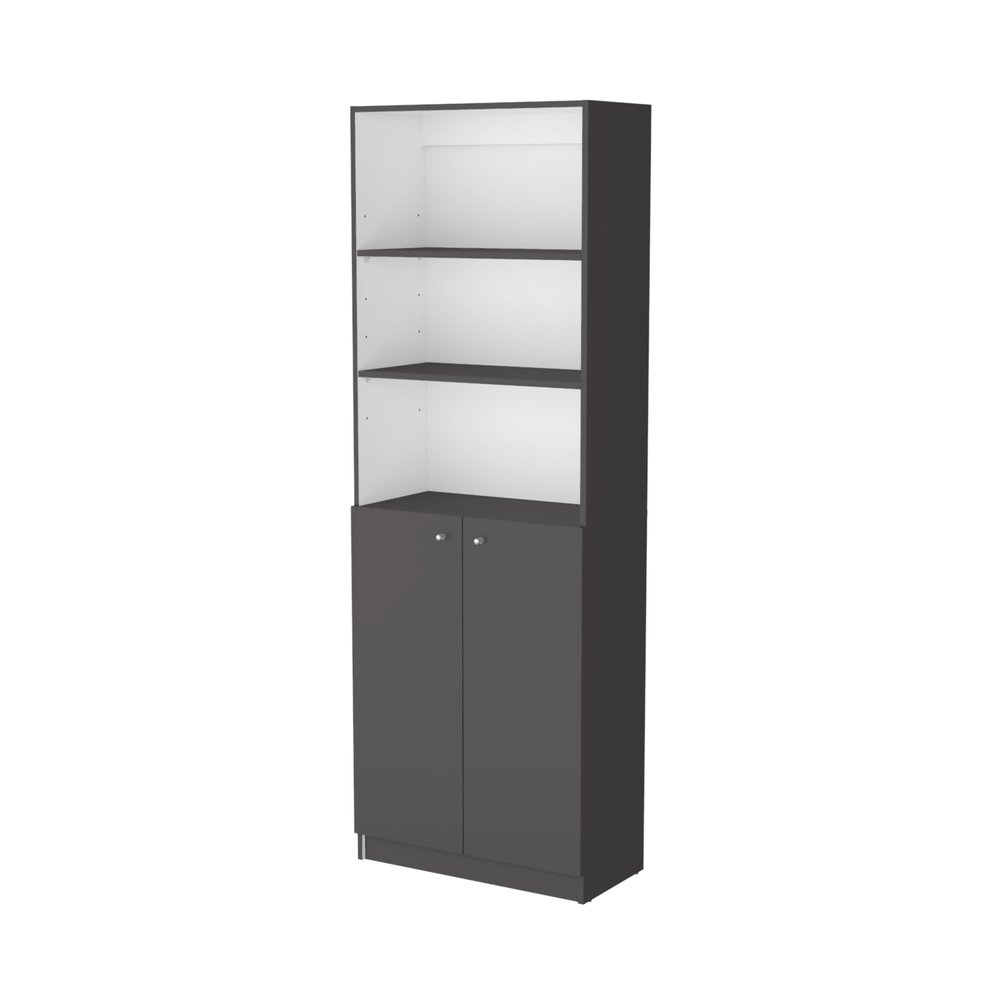 71" Gray And White Wood Three Tier Bookcase with Two Doors — view 1