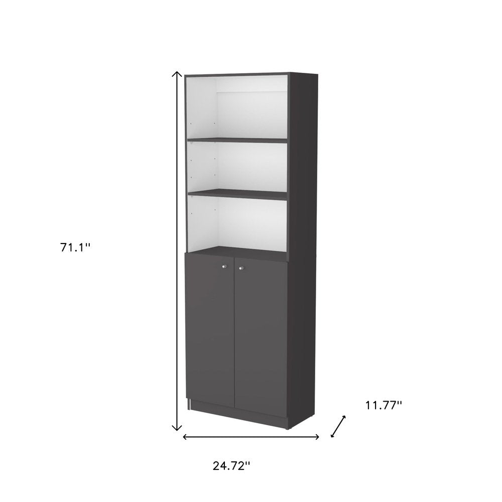 71" Gray And White Wood Three Tier Bookcase with Two Doors HomeRoots