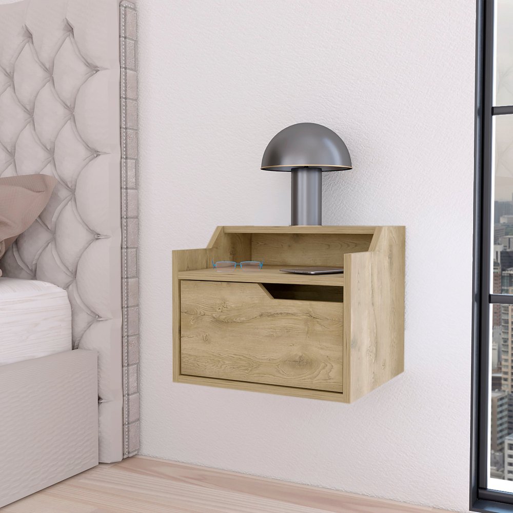 13" Beige Wood One Drawer Floating Nightstand — view 2