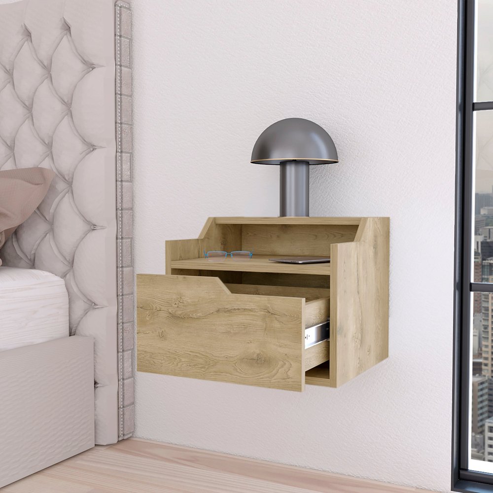 13" Beige Wood One Drawer Floating Nightstand — view 3
