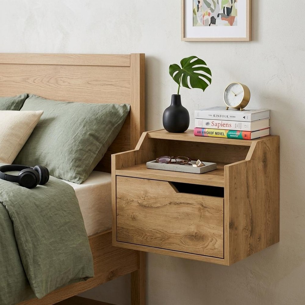 13" Beige Wood One Drawer Floating Nightstand — view 10