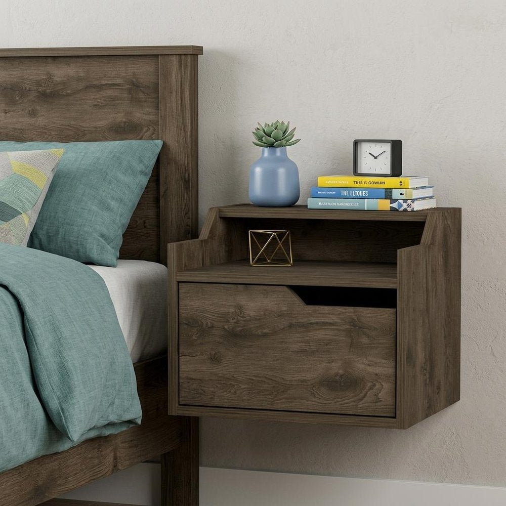 13" Brown Wood One Drawer Floating Nightstand — view 9