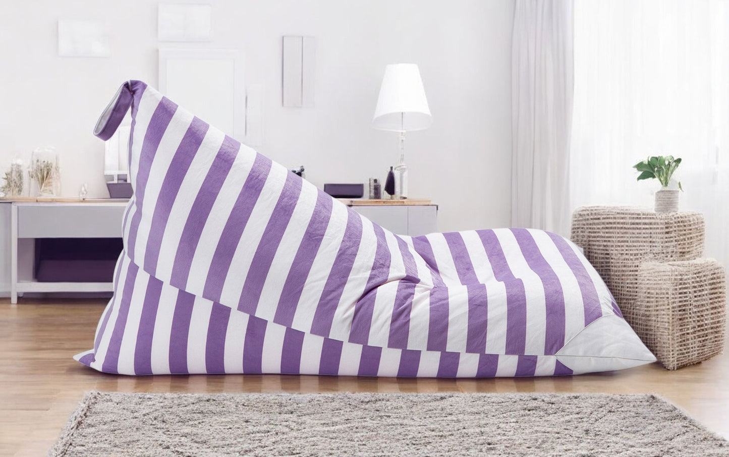 35" Purple and White Microfiber Specialty Striped Pouf Cover