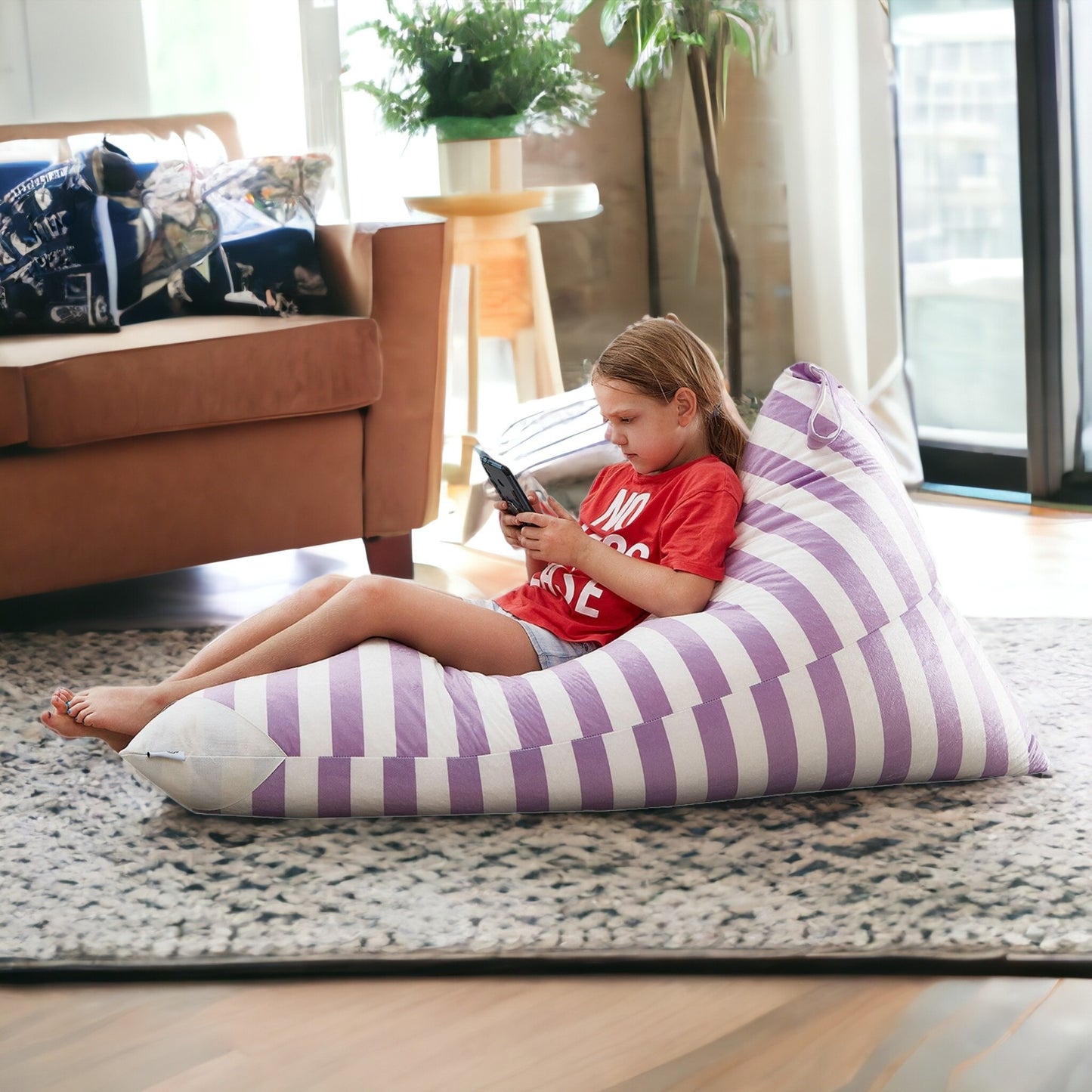 35" Purple and White Microfiber Specialty Striped Pouf Cover