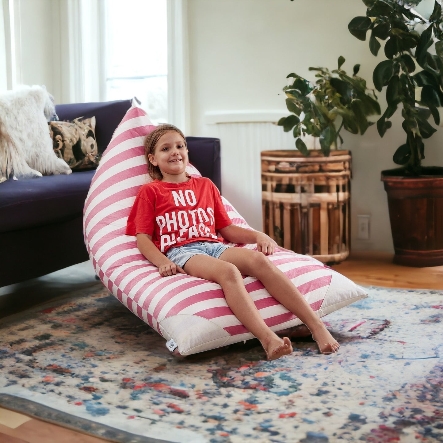 35" Purple and White Microfiber Specialty Striped Pouf Cover