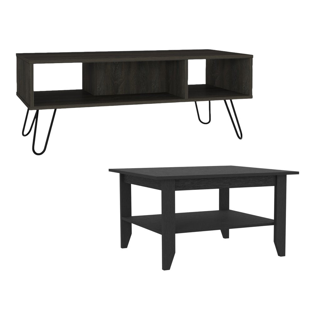Set Of Two Black and Espresso Wood Coffee Table With Two Shelves HomeRoots
