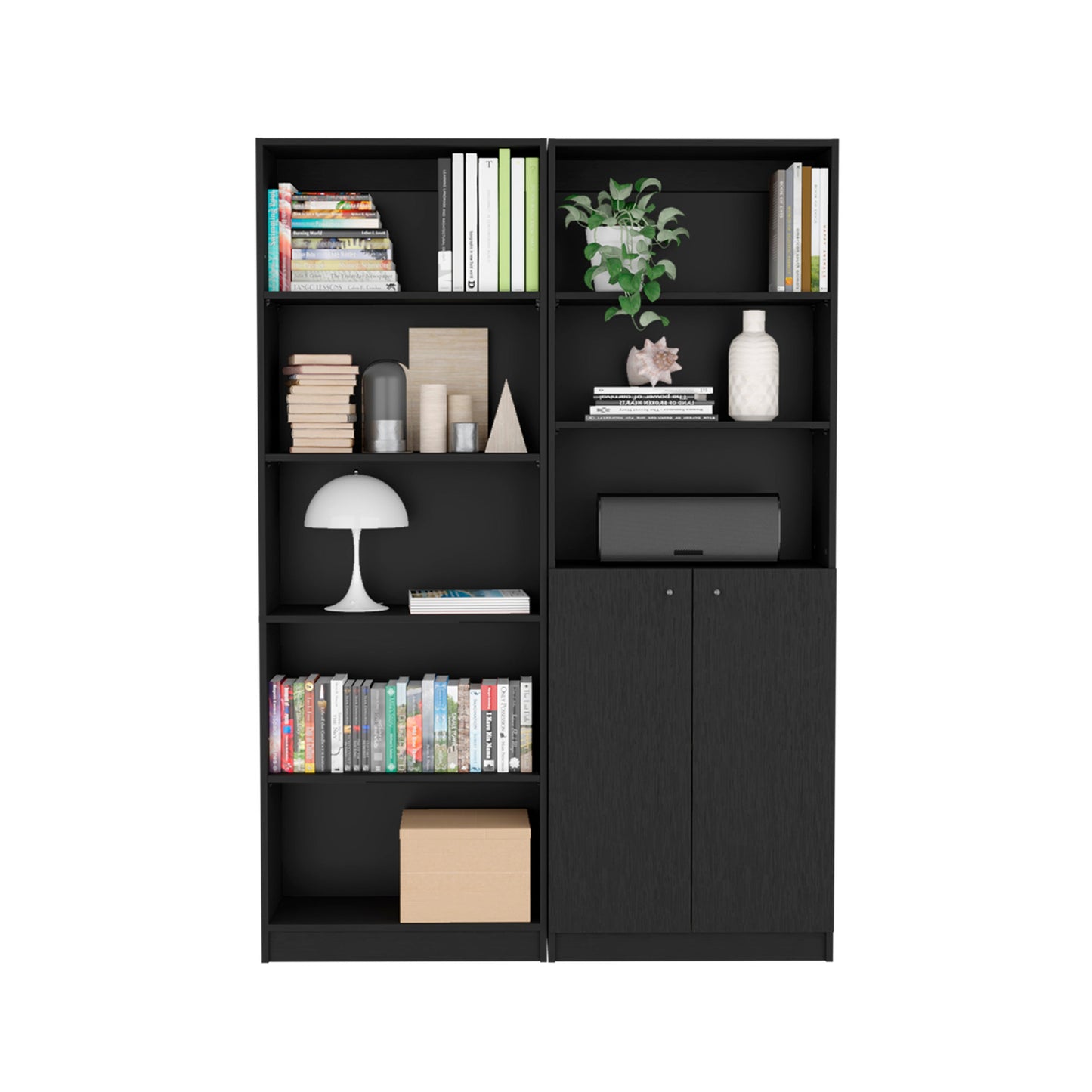 Set of Two 71" Black Five Tier Bookcase With Two Doors