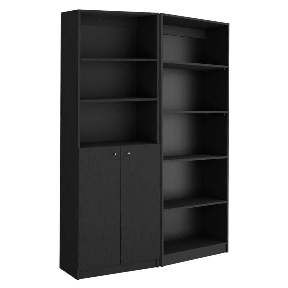 Set of Two 71" Black Five Tier Bookcase With Two Doors HomeRoots