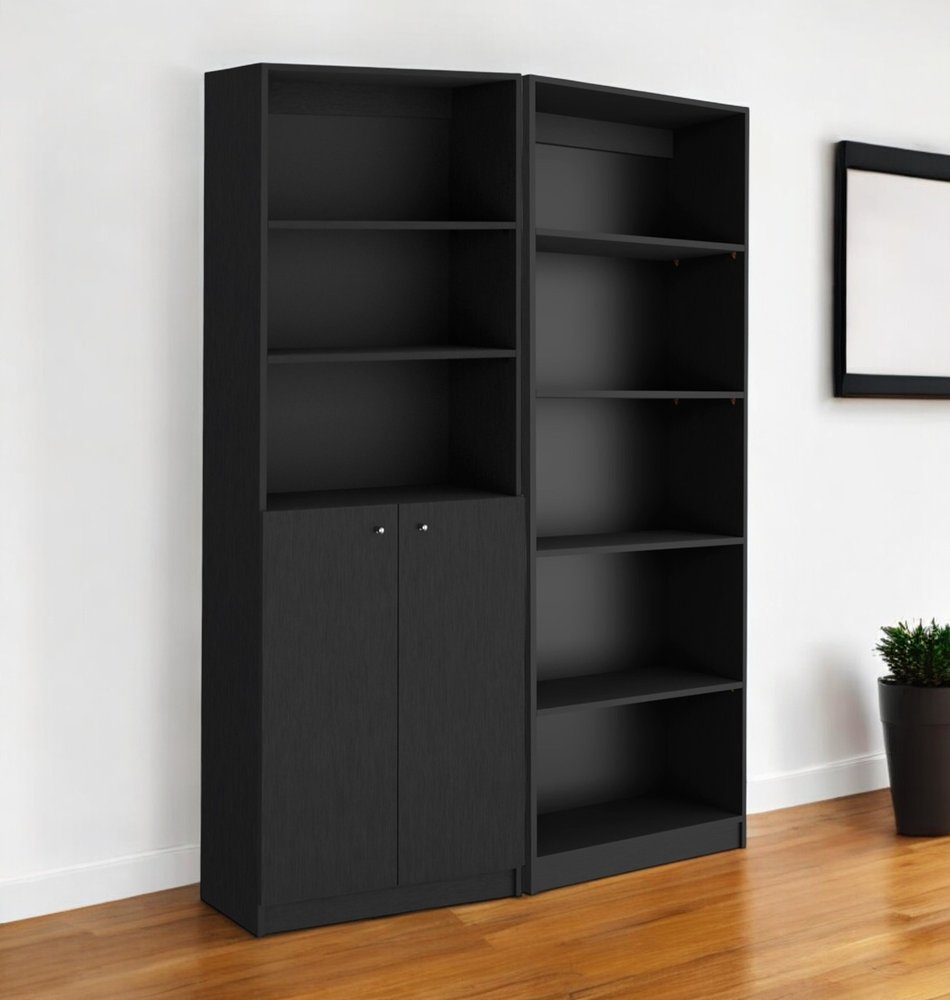 Set of Two 71" Black Five Tier Bookcase With Two Doors HomeRoots