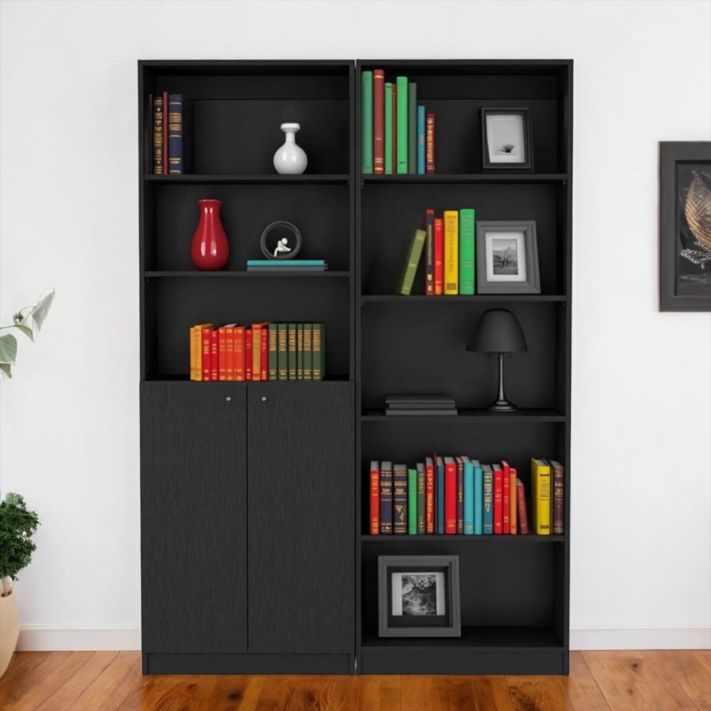Set of Two 71" Black Five Tier Bookcase With Two Doors HomeRoots