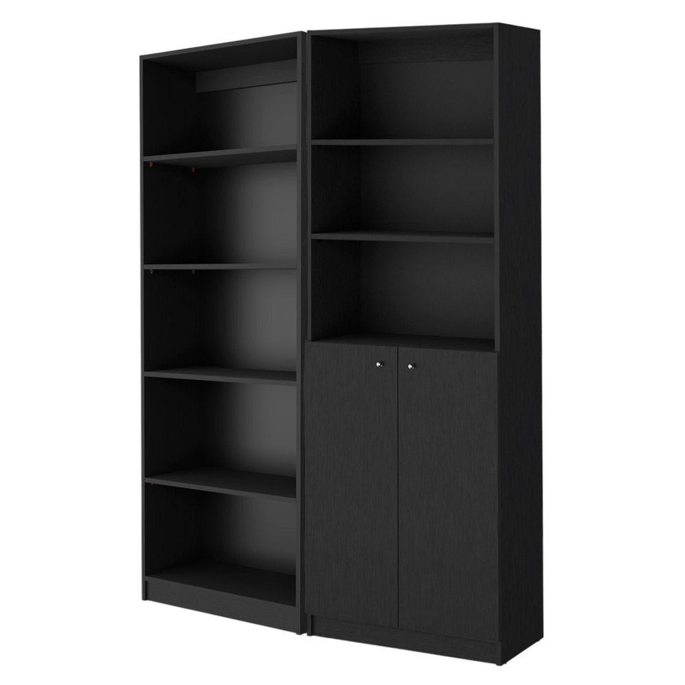 Set of Two 71" Black Five Tier Bookcase With Two Doors HomeRoots