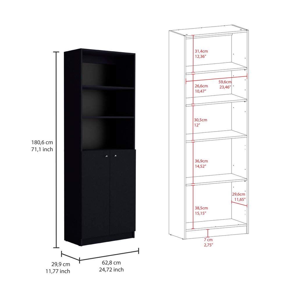 Set of Two 71" Black Five Tier Bookcase With Two Doors HomeRoots