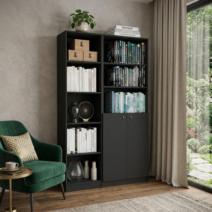 71" Black Five Tier Bookcase with Two doors HomeRoots