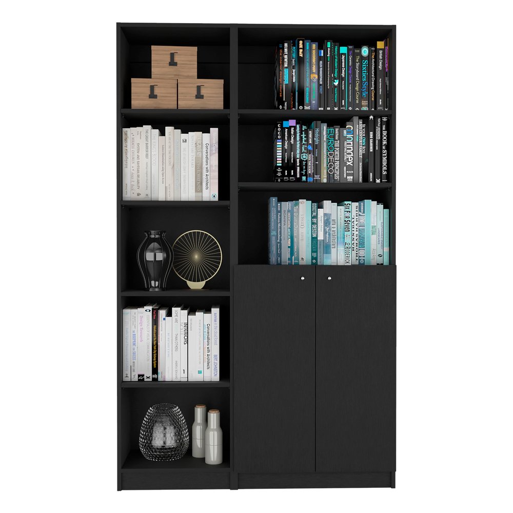 71" Black Five Tier Bookcase with Two doors HomeRoots