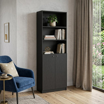 71" Black Five Tier Bookcase with Two doors HomeRoots