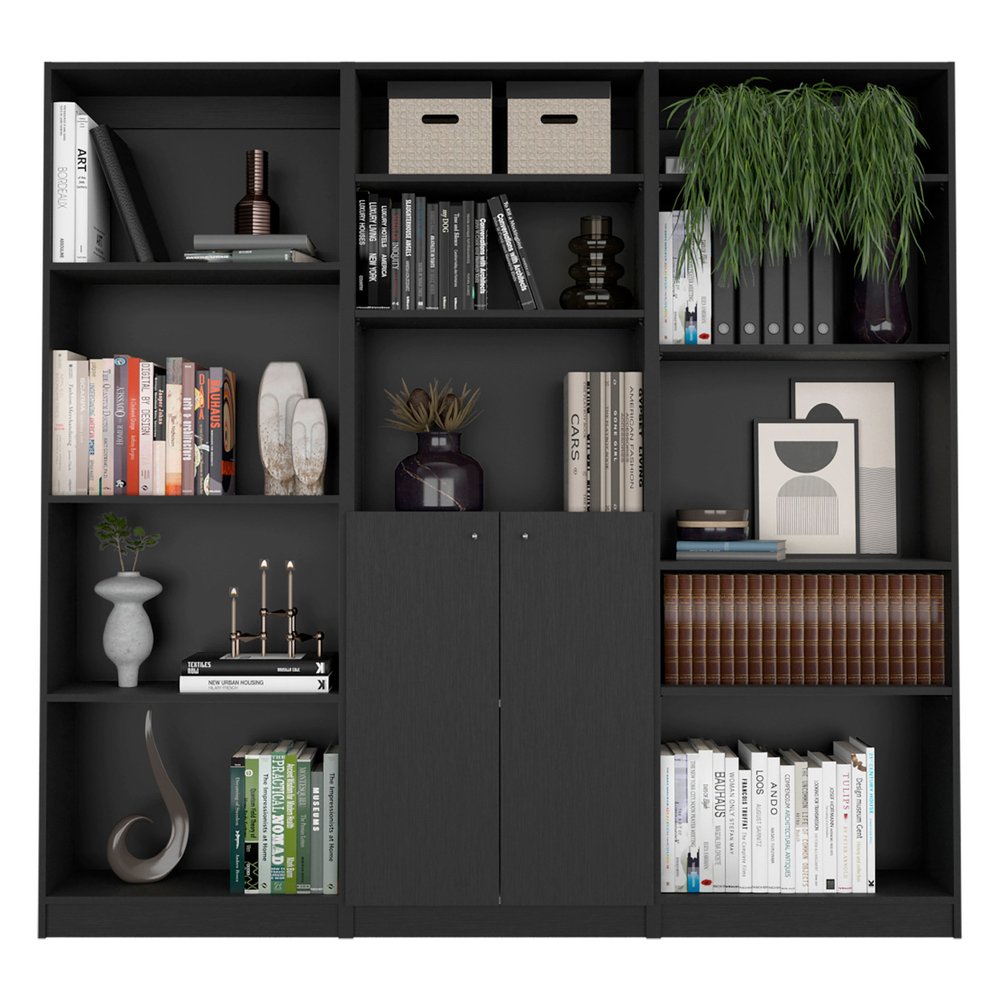 Set of Three Black Wood Five Tier Bookcase with Two Doors HomeRoots