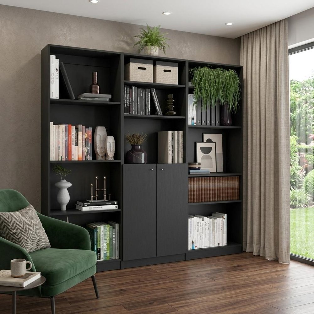Set of Three Black Wood Five Tier Bookcase with Two Doors HomeRoots