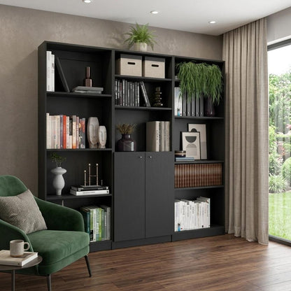 Set of Three Black Wood Five Tier Bookcase with Two Doors HomeRoots