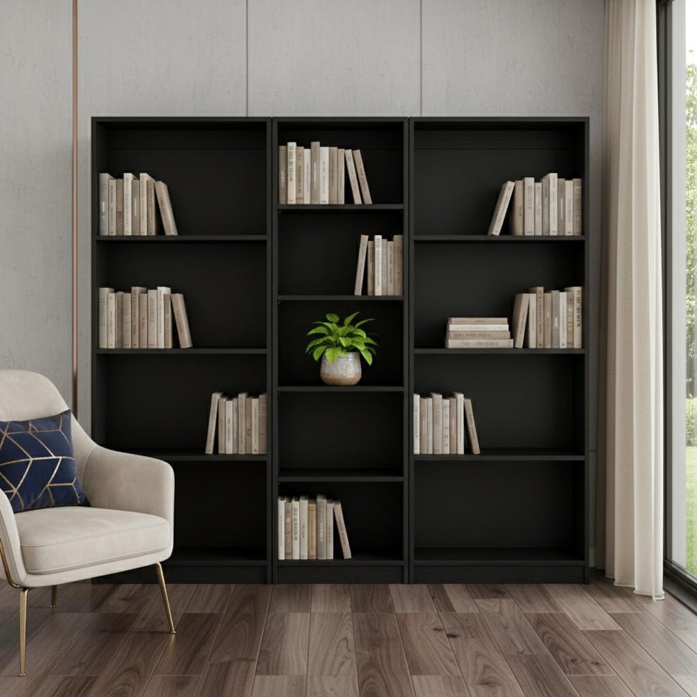 Set of Three Black Wood Five Tier Bookcase HomeRoots