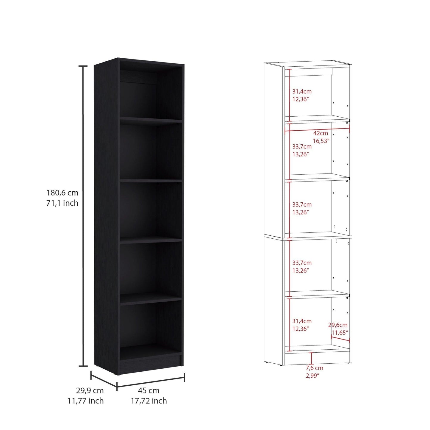 71" Black Five Tier Bookcase - FurniFindUSA